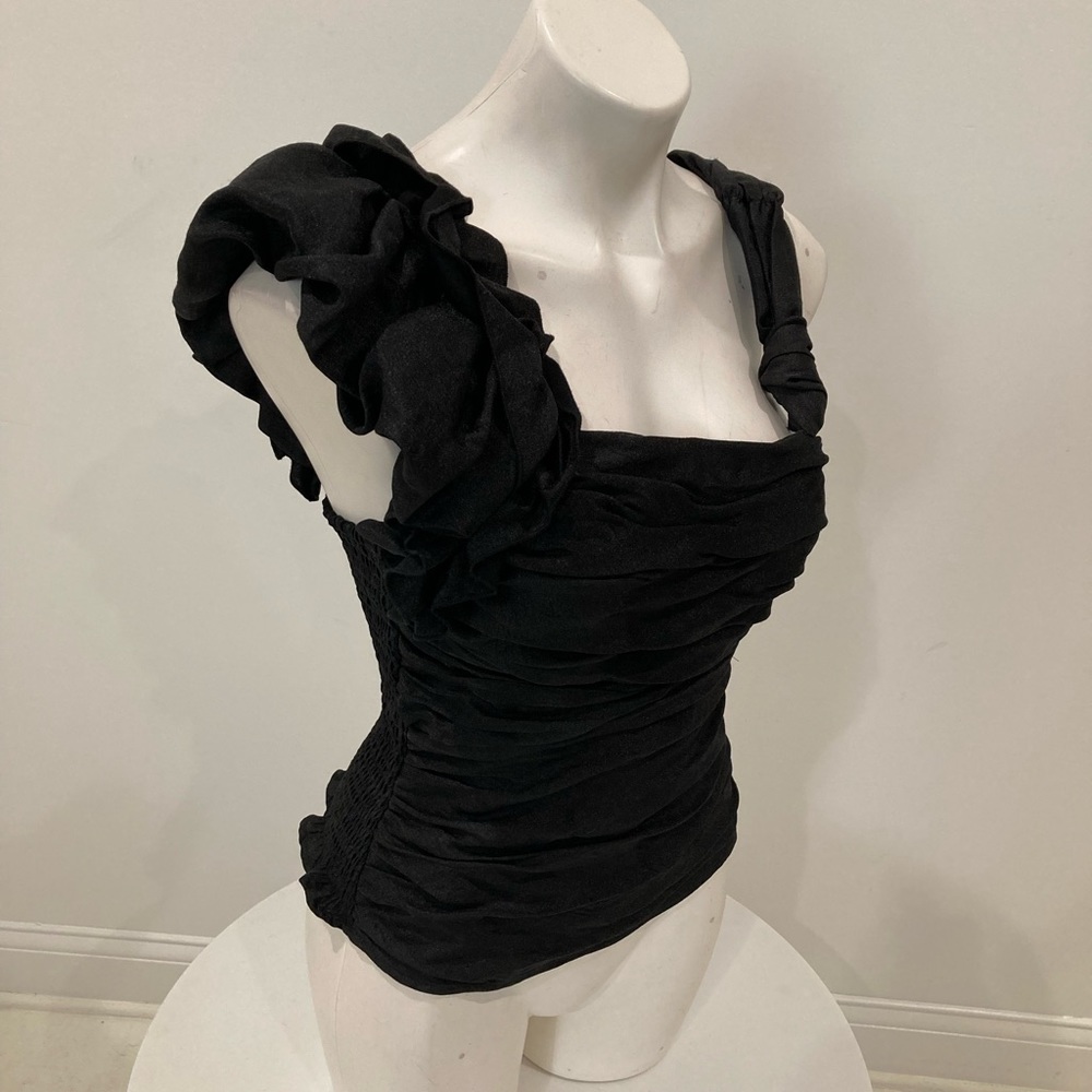 NWOT BEBE Black Ruched Organza Halter Top Ruffled Straps Small - Picture 9 of 16